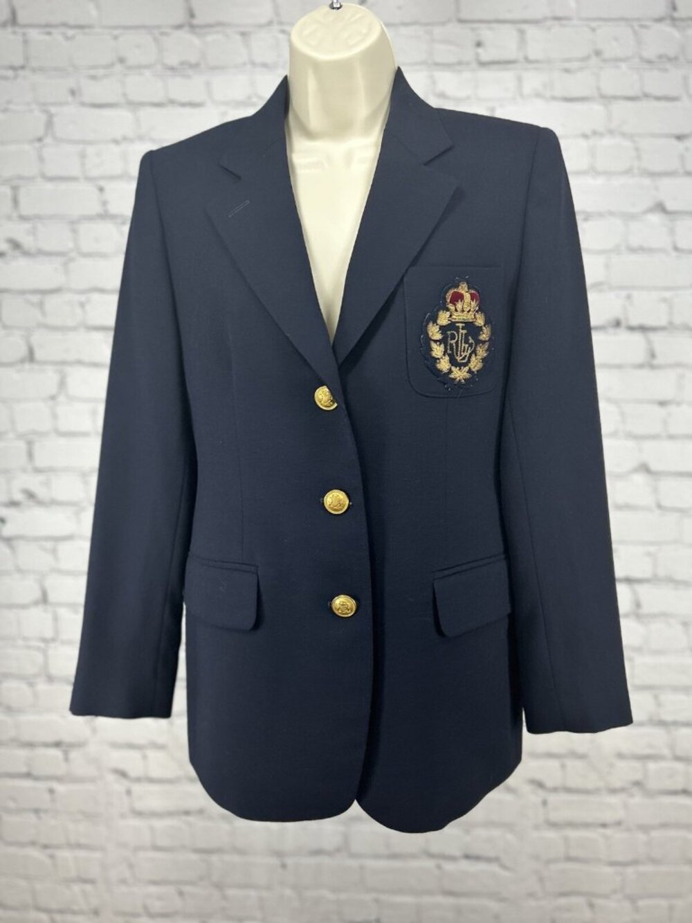 Lauren Ralph Lauren Green Label 3 Button Embroidered Blue Blazer Made In USA 6P
